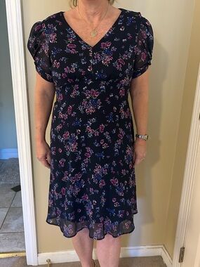 Calvin Klein Navy Floral V-Neck Midi Dress Size 4 Petite